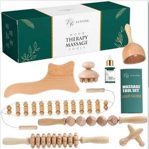 7-piece Wood Therapy Massage Tools for Body Sculpting + Storage Bag, Massage Oil